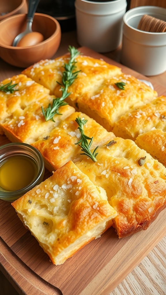 Freshly baked focaccia bread topped with rosemary and sea salt, served with olive oil for dipping.